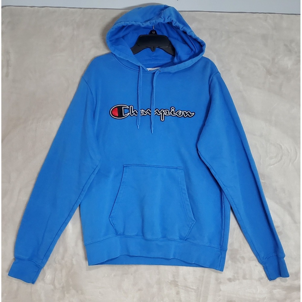 Champion Hooded Sweatshirt Mens L Royal Blue Embroidered Spellout Pullover‎ EUC